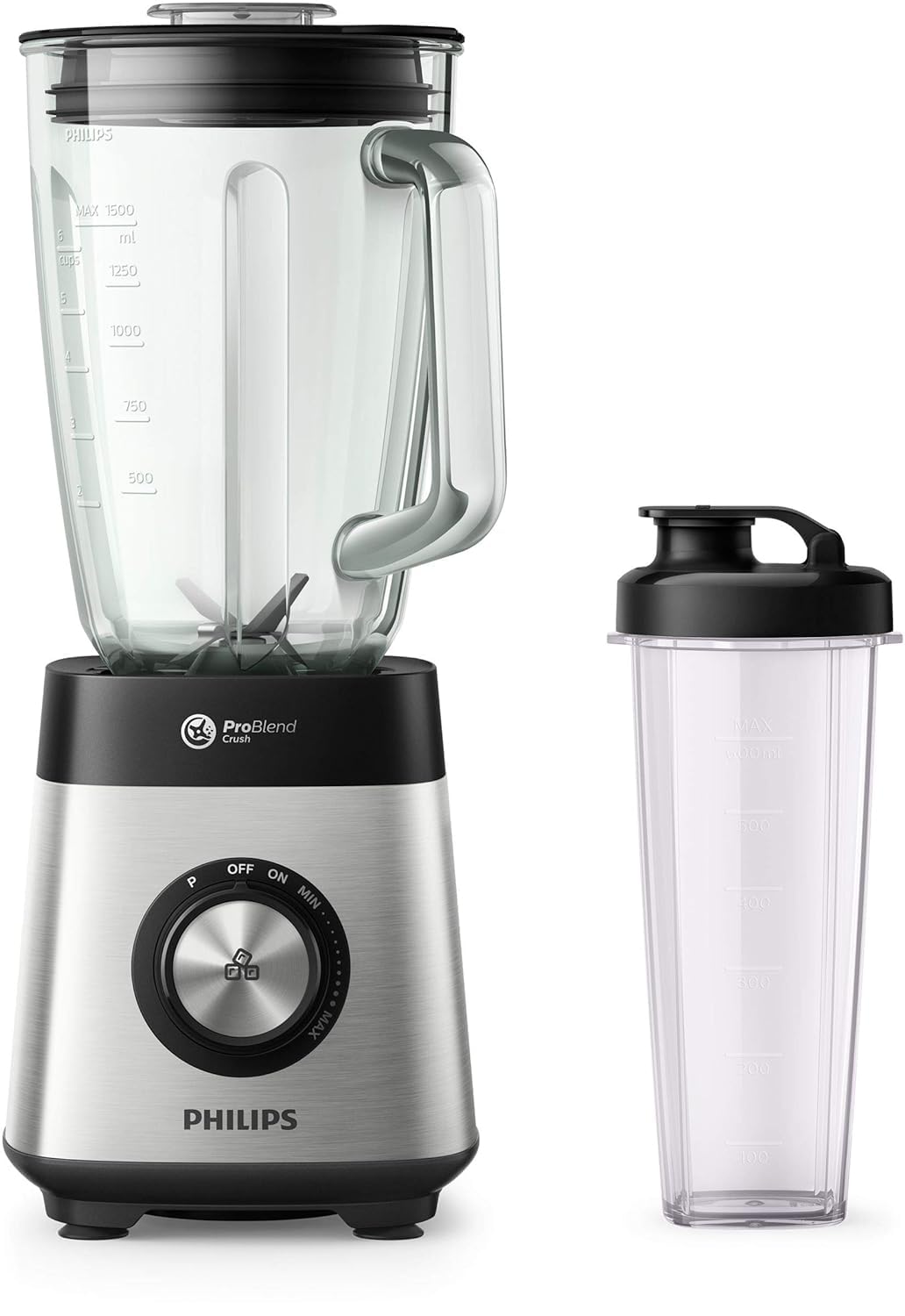 PHILIPS Series 5000 Blender, Metallic, 1000W metal, variable speed, 2l glass jar, 1 tumbler, problend 6, pulse button HR3573/91. 2 years warranty