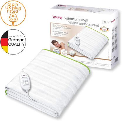 Beurer TS15 Ecologic+ Heated Underblanket | Double electric blanket with elastic straps for a non-slip fit it to your mattress | Easy-to-use | Machine washable | Soft and breathable | Size 152x122cm