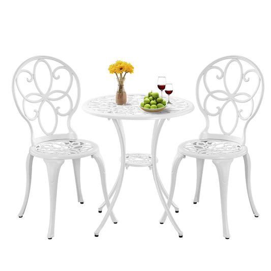 Withniture Bistro Table and Chairs Set of 2, White Metal Patio Bistro Set 3 Piece Outdoor Table Chairs with Umbrella Hole, Cast Aluminum Patio Furniture Set for Garden Porch