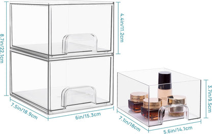 Vtopmart 4 Pack Clear Stackable Storage Drawers, 4.4'' Tall Acrylic Bathroom Makeup Organizer,Plastic Storage Bins For Vanity, Undersink, Kitchen Cabinets, Pantry, Home Organization and Storage