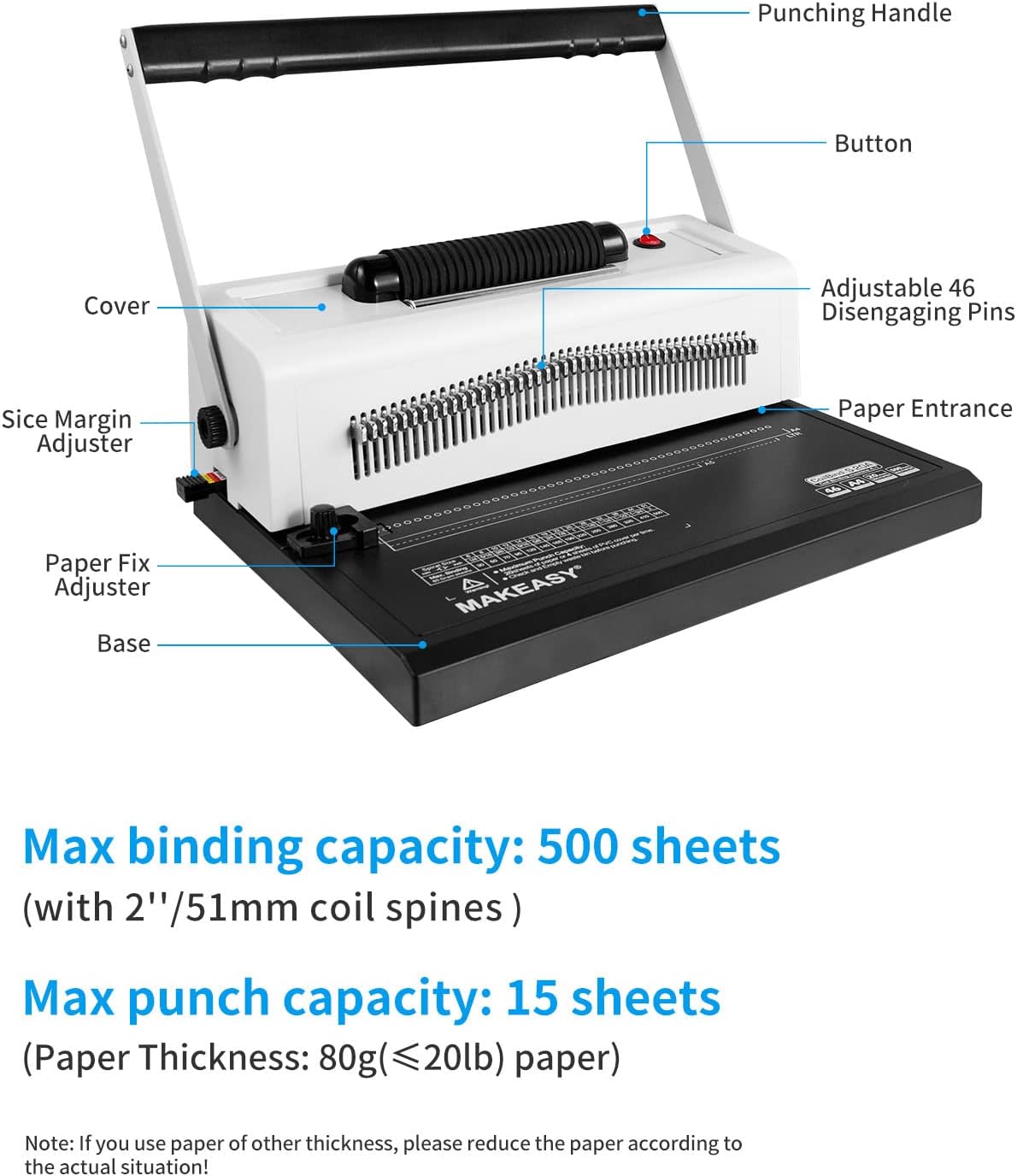 MAKEASY Spiral Coil Binding Machine for Letter Size/A4/A5- Manual Hole Punch - Disengaging Pins - Electric Coil Inserter - Adjustable Side Margin, with Free 100pcs Plastic Coil Spines & Crimper