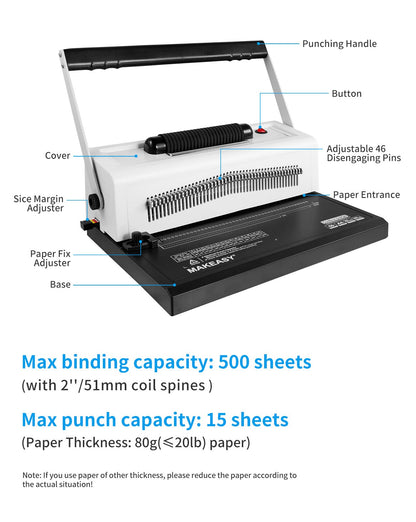 MAKEASY Spiral Coil Binding Machine for Letter Size/A4/A5- Manual Hole Punch - Disengaging Pins - Electric Coil Inserter - Adjustable Side Margin, with Free 100pcs Plastic Coil Spines & Crimper