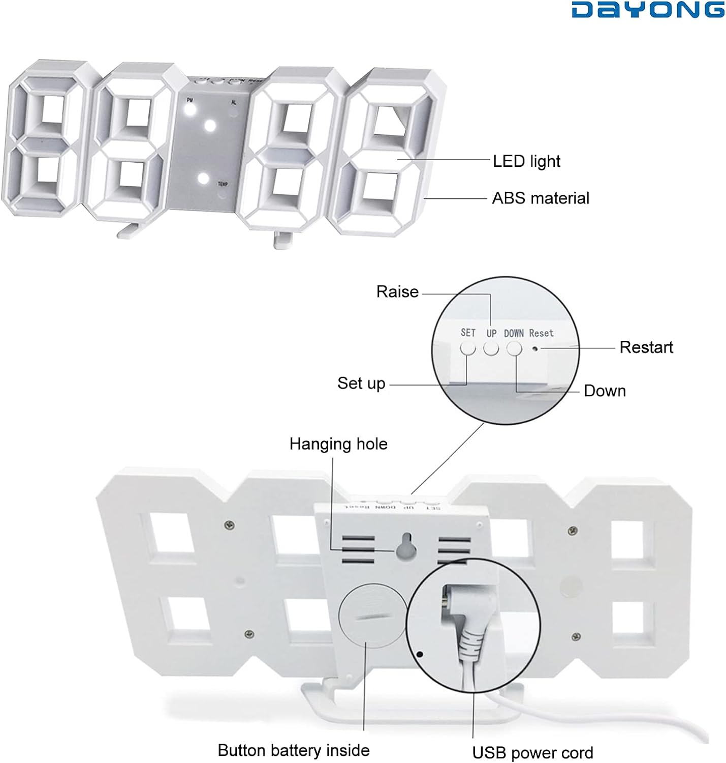 DAYONG 3D LED Digital Wall Clock Table Desktop Alarm Clock Nightlight For Home Living Room Office