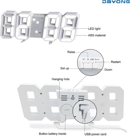 DAYONG 3D LED Digital Wall Clock Table Desktop Alarm Clock Nightlight For Home Living Room Office