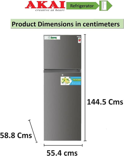 AKAI 335Liters Double Door Top Mount Free Standing Total No Frost Refrigerator Titanium Finish R600a Refrigerant 4 Stars ESMA Ratings One Year Warranty New Edition RFMA-S335WTA