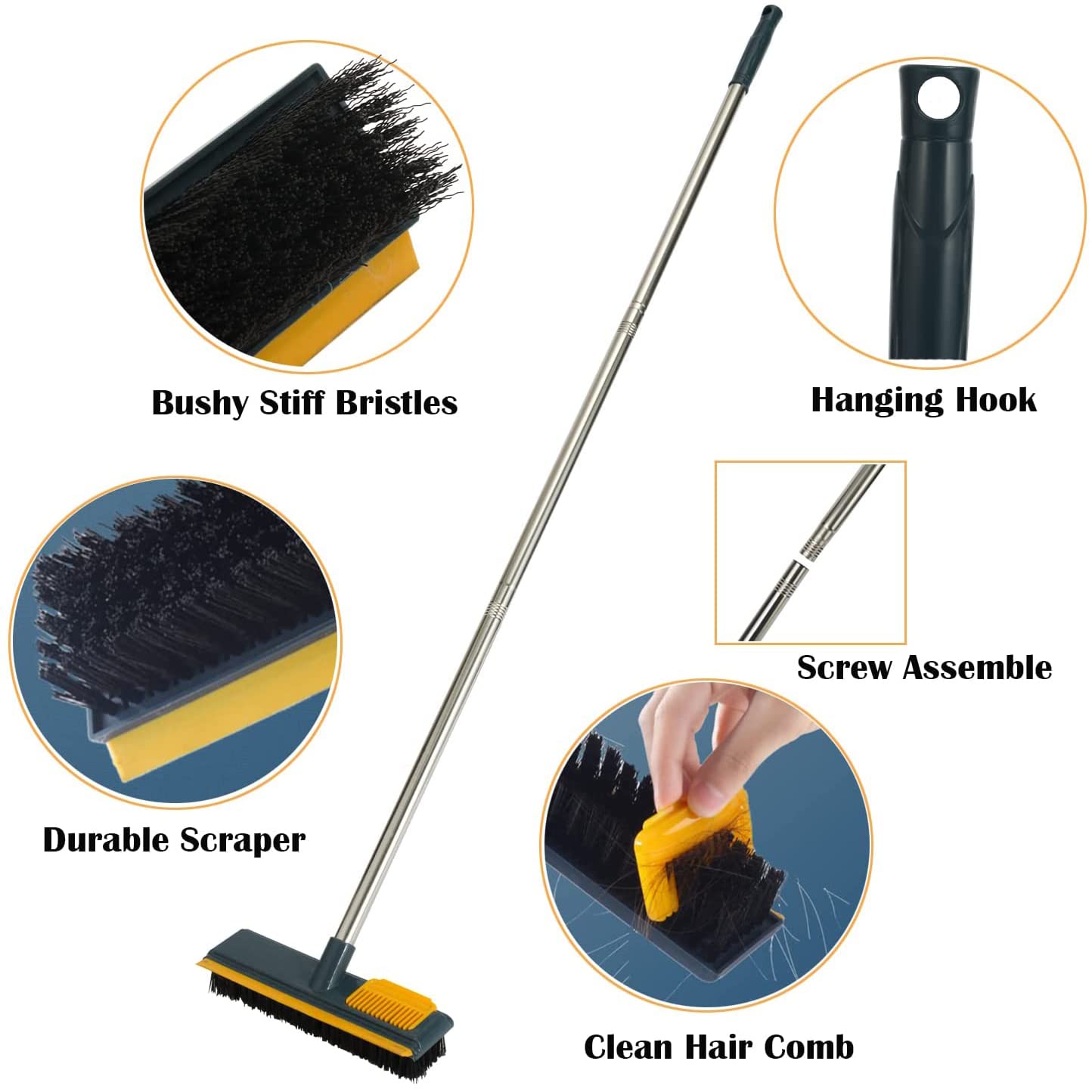 Arabest Cleaning Brush with Long Handle, 2 in 1 Floor Scrub Brush Stiff Bristle Brush Scrubber with Squeegee, Shower Scrubber Kit with 108cm Extendable Handle for Bathroom, Bathtub and Ceramic Tile