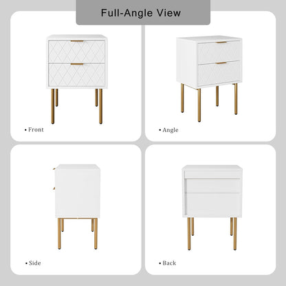 Aobafuir Nightstand, 2 Drawer Dresser for Bedroom, Small Side Table with 2 Drawers, Bedside Furniture, Night Stand, End Table with Gold Frame for Bedroom, Living Room, White Stripe