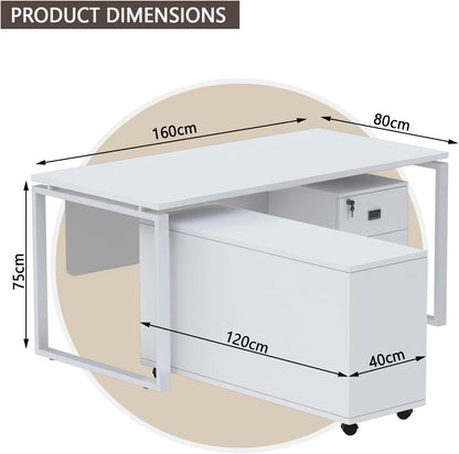 Mahmayi Carre Modern Workstation- Office Furniture with Steel Square Metal Legs, Silver Modesty Panel, Wood 3 Drawer Mobile Storage Unit, Tempered Glass Top for Office Executives, Home (140CM, White)