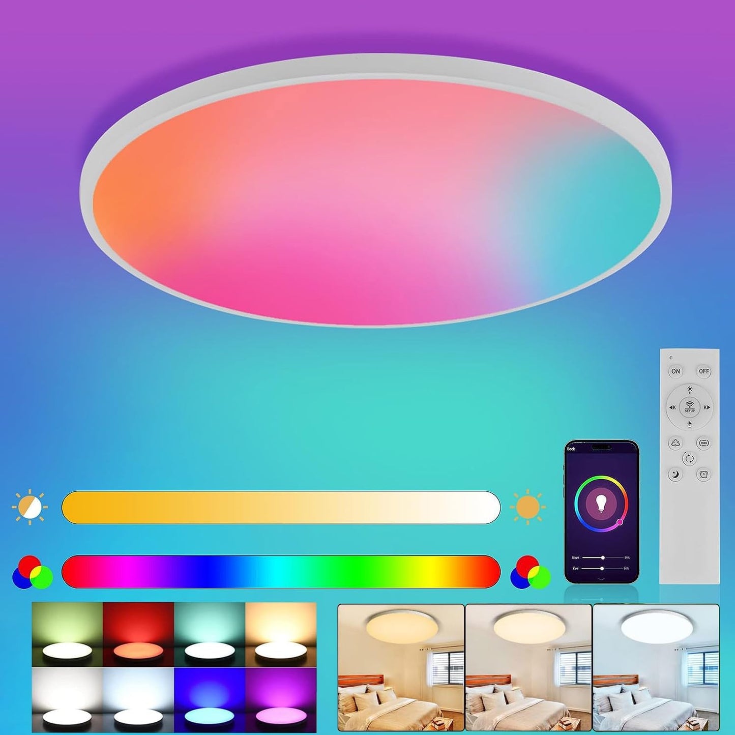 Redare Alexa Smart Ceiling Light,RGB Wifi Ceiling Light,30cm 24W Dimmable LED Flush Mount Ceiling Light Compatible with Alexa Google Home,Color Changing Ceiling Lamp for Bedroom,Kitchen (WiFi, White)