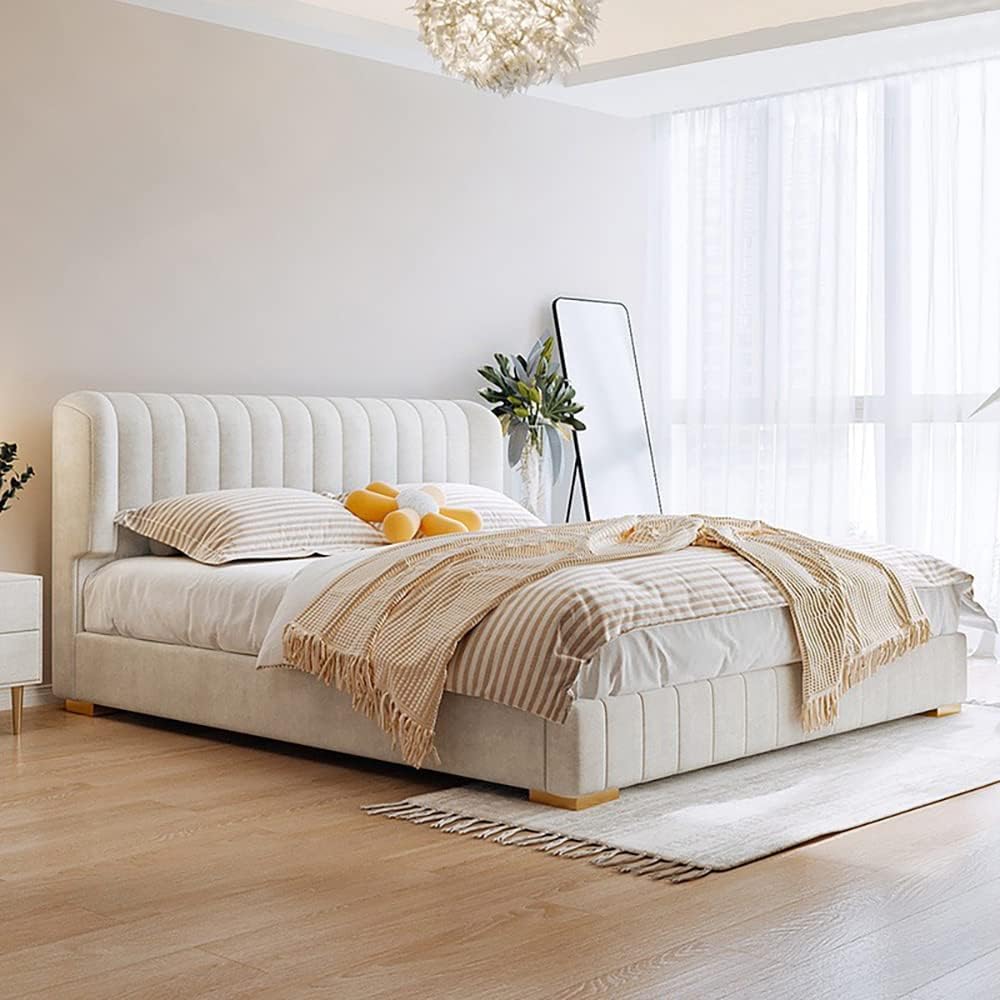 MAPLE HOME DECORATION Maple Home Bed Frame Wood Upholstered Modern Velvet King Queen Size Floating Bed Base Bedroom Furniture Off-White (166 * 218 * 110cm Queen Size)