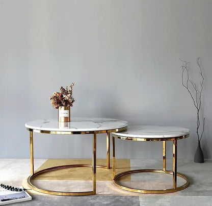 Coffee Table Set of 2 for Living Room, Round Coffee Table, Nested Table, Tea table, End Side Table, Sofa Table for Home/Office, Modern White,The leg is golden