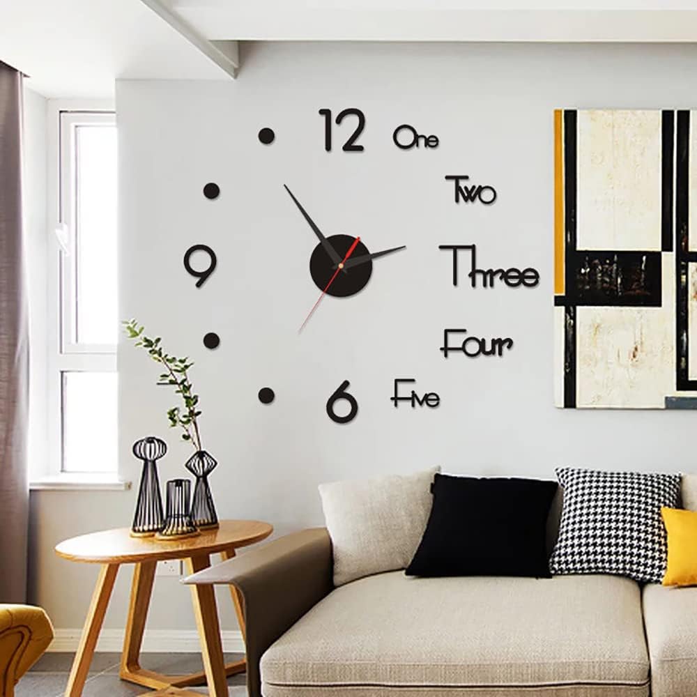 DIY 3D Acrylic Frameless Figure Decal Wall Clock For Home Office Decorations (Black)