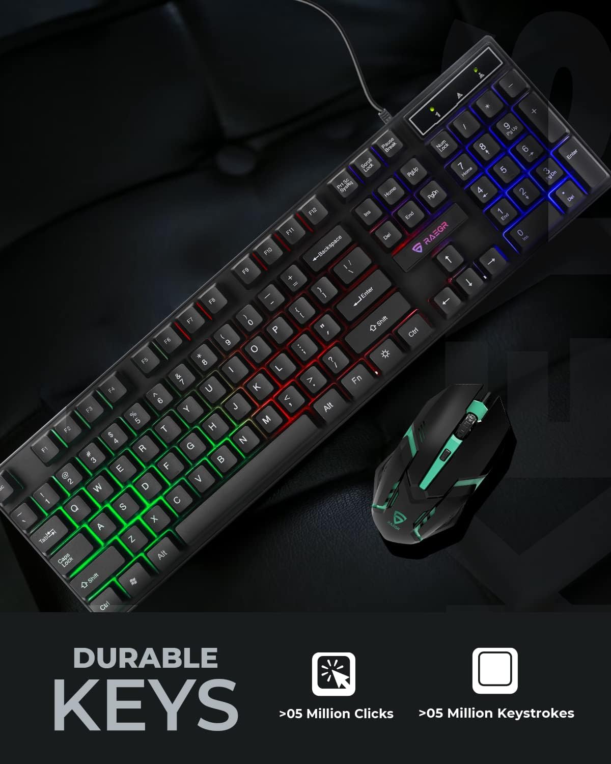 RAEGR RapidGear X30 Wired Rainbow Backlight Keyboard and 1200 dpi Mouse Set, LED Backlit, Floating Keycaps with Breathing Lights Effect, Plug and Play | Compatible with PC/Laptop/Mac - Black RG10471