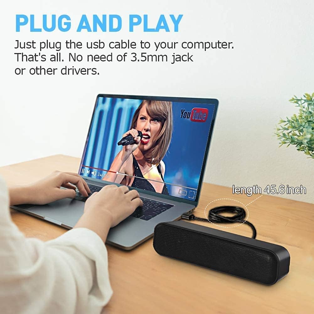 Computer Speaker, DELFINO USB Powered Speaker, Portable Computer Sound Bar, Bar-Plug and Play, Compatible with Various Devices System, for Desktop, Windows Pcs, Laptop