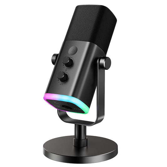 Streaming Microphone, Gaming Microphone, PC & Laptop Connection with Audio Controls, Podcast Mic for Studio Recording or Singing, with Headphone Jack, RGB Light, Desktop Stand