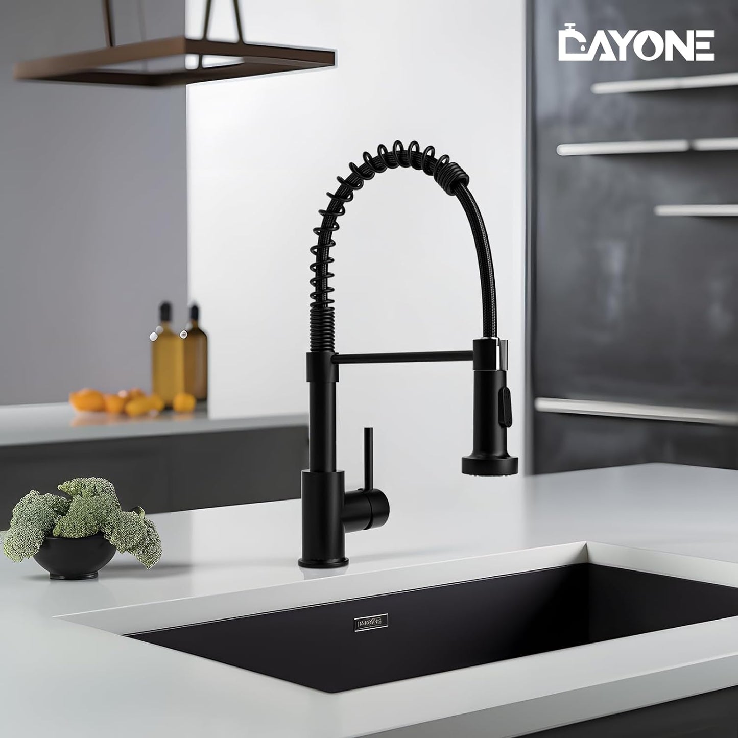 DAYONE Chrome Kitchen Faucet with Pull Down Sprayer, Single Handle Kitchen Mixer with 3 Water Modes Stainless Steel Kitchen Taps