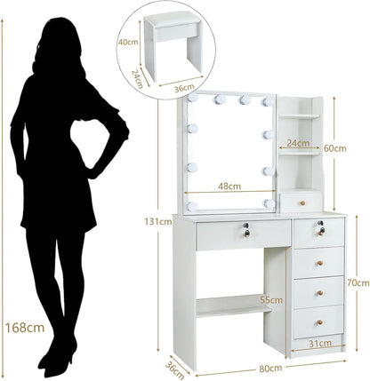 LIANWANG Dressing Table with LED Lighting, 3 Colour Temperatures, Adjustable Brightness, Dressing Table with Mirror for Make-Up, 6 Drawers, 1 Stool, 131 x 80 x 36 cm, White