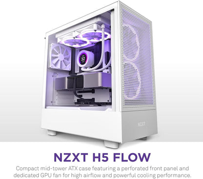 NZXT H5 Flow Compact ATX Mid-Tower PC Gaming Case – High Airflow Perforated Front Panel – Tempered Glass Side Panel – Cable Management – 2 x 120mm Fans Included – 280mm Radiator Support – White