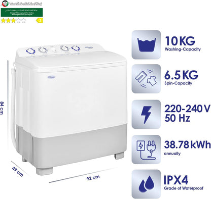 Super General 10 kg Twin-tub Semi-Automatic Washing Machine, White, efficient Top-Load Washer with Low noise gear box, Spin-Dry, SGW-1056-N, 84 x 49 x 92 cm, 1 Year Warranty