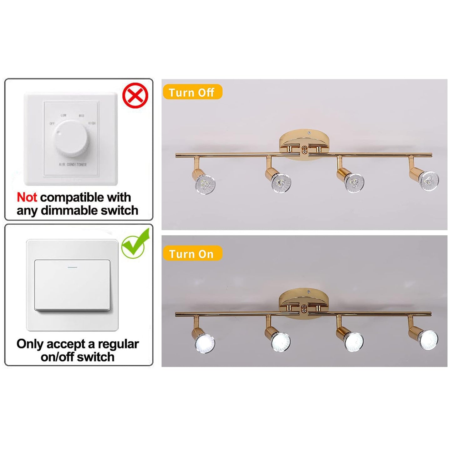 Qcyuui Modern 4-Light Track Lighting Kit, Flush Mount Wall/Ceiling Spot Lights Fixture, LED Track Light with Chrome Flexibly Rotatable Light Head for Kitchen Living Room, 4×GU10 Bulb (Included)