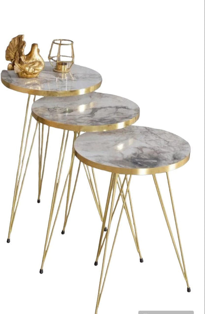 LHFHOMT- Round Coffee table set Nesting Coffee Table Set of 3 Pieces, Wooden Top, Gold Metal legs End Table Desk for Living Room, Balcony, Office, Sofa Side (White - Black Lines)