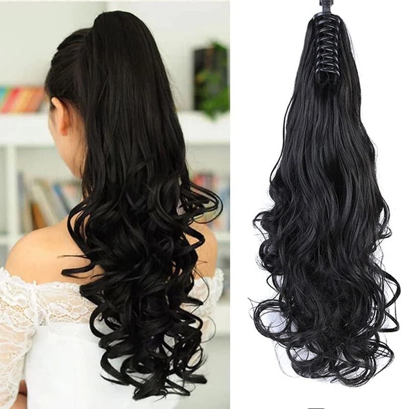 Synthetic Long Straight Claw Ponytail Wigs Clip In AH Tail Hair Ponytail (CURLY, 1B)