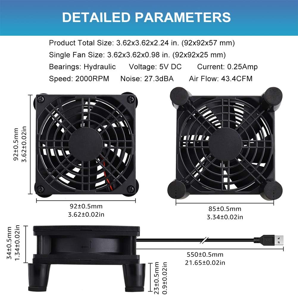 GDSTIME Dual 120mm 5V USB Fans, 102CFM Big Airflow Fan Cooling for Router TV Box Micro Computer and Other Electronics