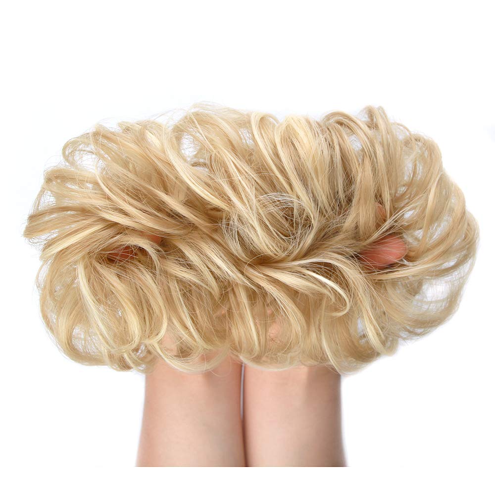 MORICA 1PCS Messy Hair Bun Hair Scrunchies Extension Curly Wavy Messy Synthetic Chignon for Women (12AH613(Light Golden Brown & Lightest Blonde))