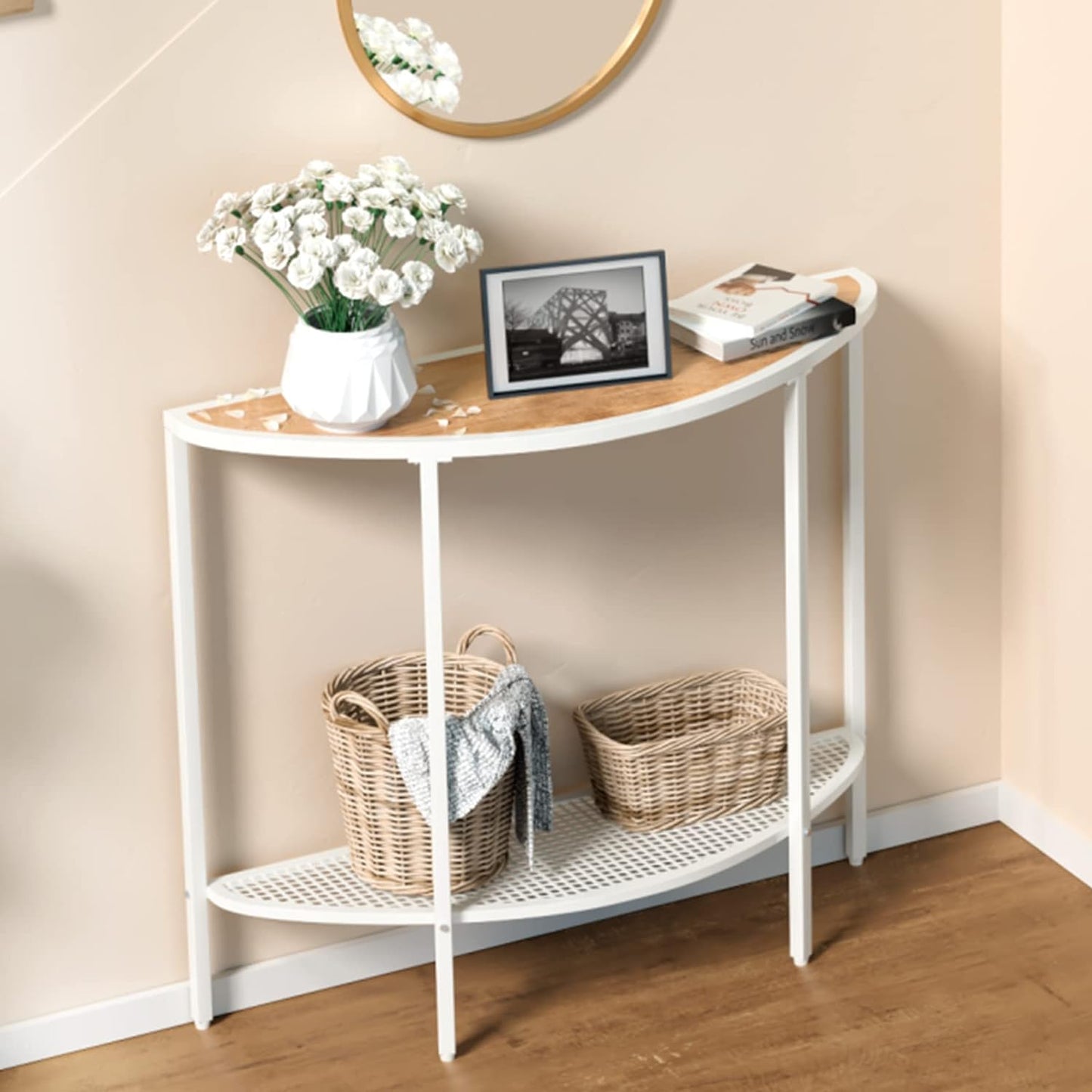 SAYGOER Half Moon Console Table with Storage Narrow Entryway Table with Metal Shelves Sofa Couch Table Rustic Small Entry Way Tables for Living Room Hallway Office Easy Assembly, OAK White