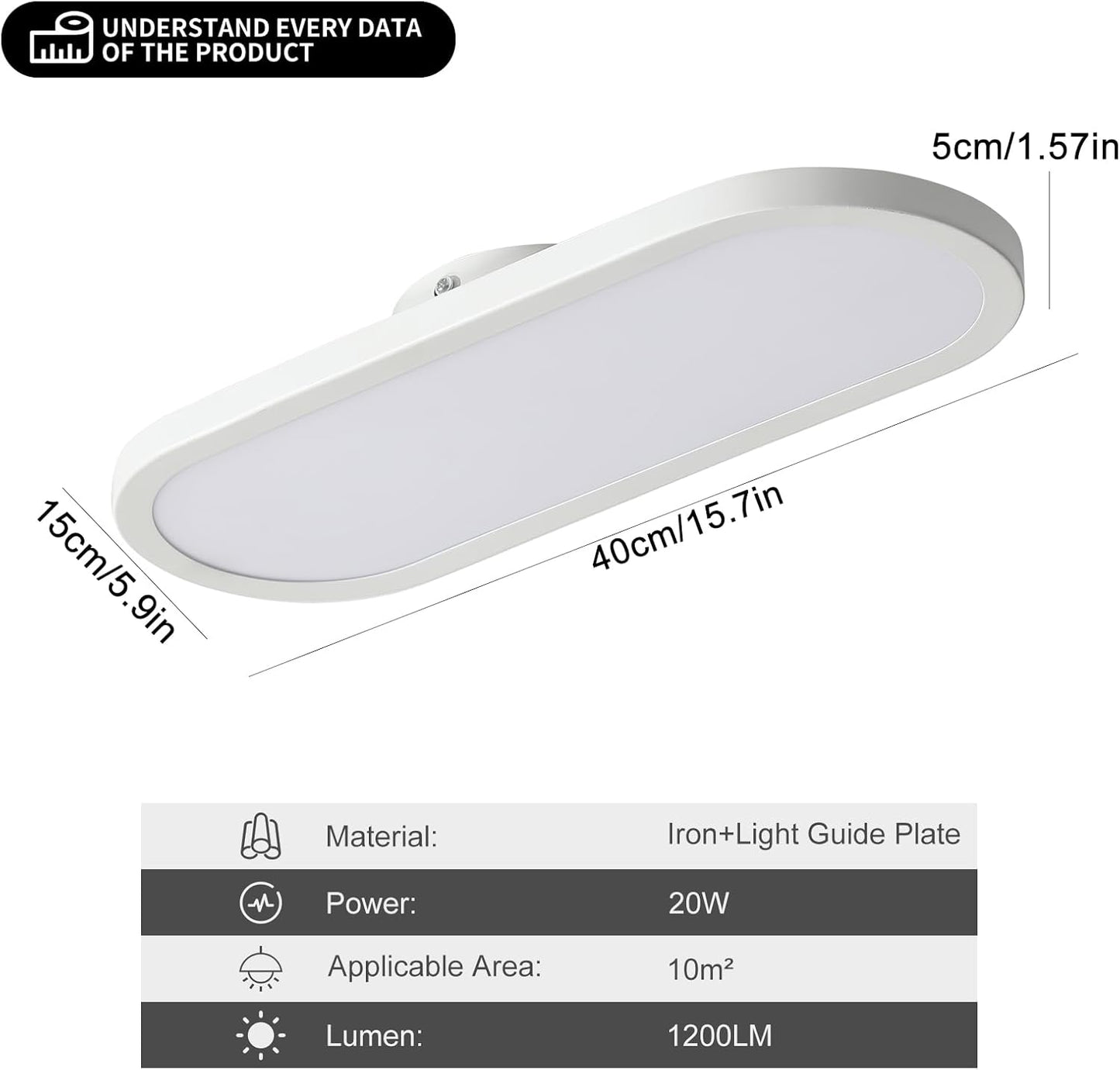 Garwarm LED Ceiling Light, High Brightness Long Ceiling Lamps,6000K Cool White Modern Ultra Thin Low Profile Light Fixture for Office Living Room Bedroom Kitchen Study Room Hallway, White/20W/ 40cm