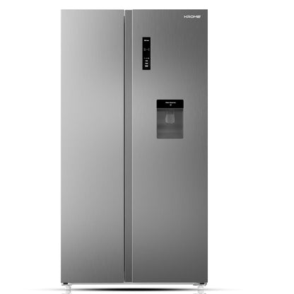 KROME 600L Gross, Side By Side Refrigerator with Multi Air Flow System, Electronic Touch Temperature Control, Door Alarm, No Frost Cooling System, 10 Year Compressor Warranty, Silver- KR-SBS601SM