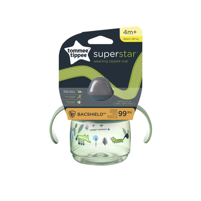 Tommee Tippee Superstar Sippee, Weaning Sippy Cup for Babies with INTELLIVALVE Leak and Shake-Proof Technology and BACSHIELD Antibacterial Technology, 4m+, 190ml, Pack of 1, Green