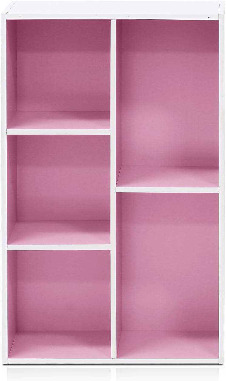 Furinno 5-Tier Reversible Color Open Shelf Bookcase, White/Pink 11055WH/PI