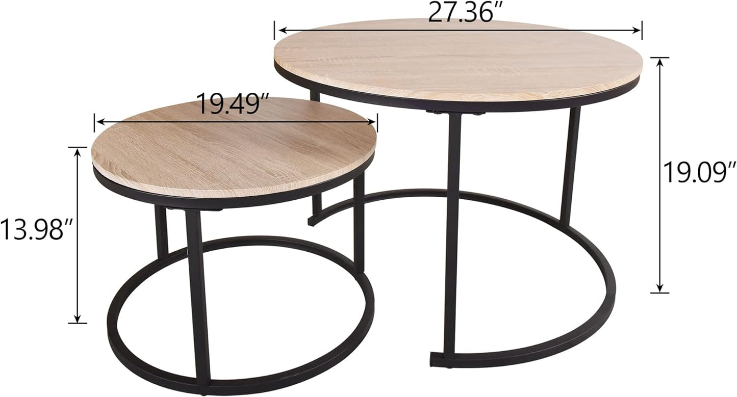 BOFENG Round Nesting Coffee Tables Set of 2 Farmhouse End Tables for Living Room Balcony,Couch Table,Stacking Side Tables, Wood Look Accent Furniture with Sturdy Steel Metal Frame,Vintage Brown