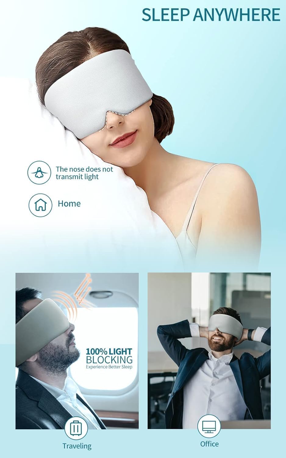 Eye Mask for Sleeping, Sleep Mask Light Blocking for Side Sleepers, Dual-Sided All-Season Sleep Masks for Women Man, Large Eye Covers, with Adjustable Velcro, for Travel,Nap,Yoga