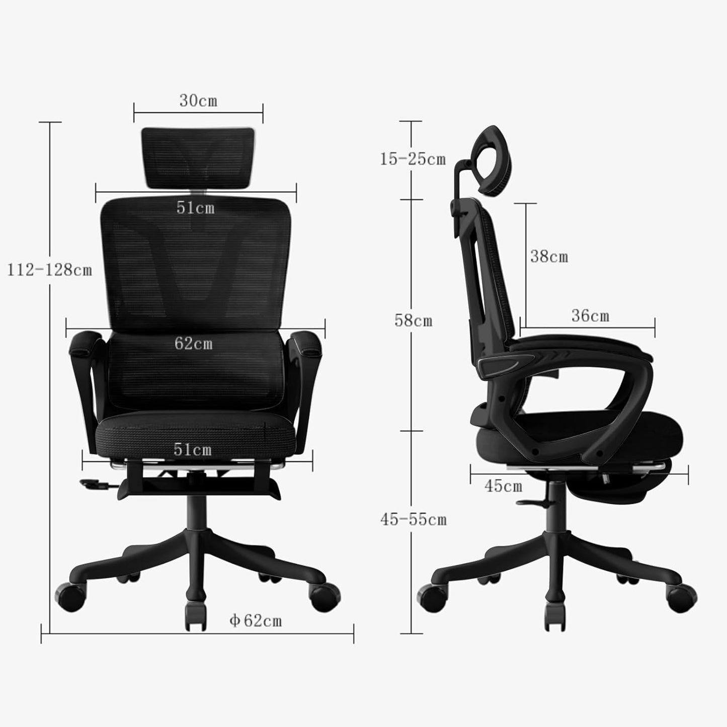 USOR Ergonomic Office Chair Desk Gaming Computer Chair Breathable Mesh High Back Chair Adjustable Headrest Lumbar Support PU Wheels Swivel Computer Task Tilt Function Chair with Footrest (BLACK)