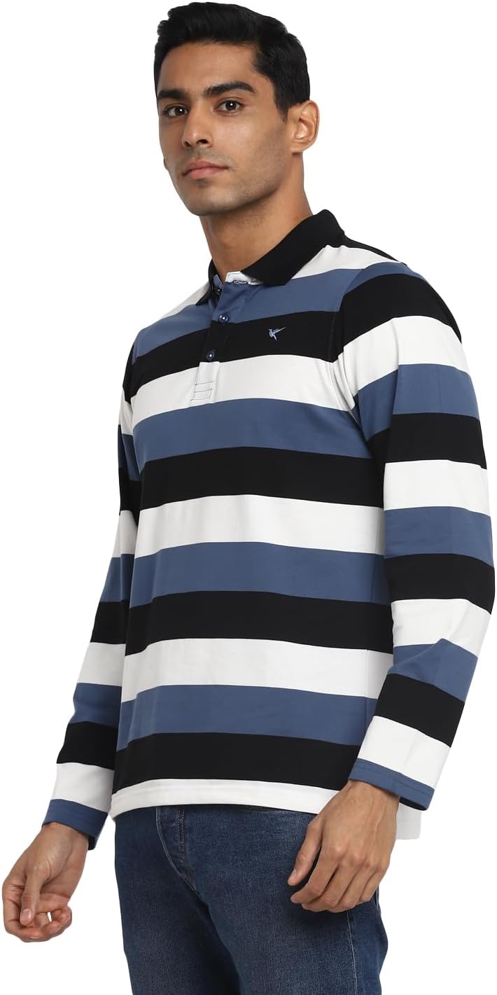 Deniklo Men's Polo Collar Full Sleeves Striped T-Shirt with Embroidery DK 240