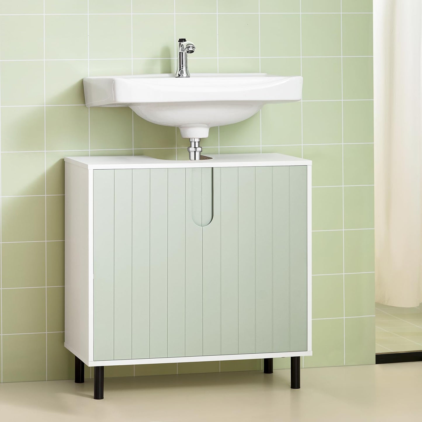 SoBuy (UAE STOCK) BZR137-GR Bathroom Tall Cabinet Bathroom Storage Cabinet with Laundry Basket White and Light Green W31 x D30 x H167cm (basin cabinet)