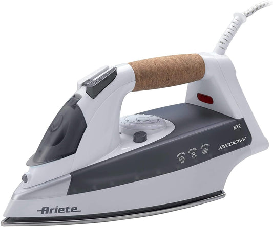 Ariete Steam Iron 2200W, Stainless Steel Soleplate, with Self Cleaning Anti-Limestone, Anti-Drip, Steam Regulator System, 120g/min Steam, 300ml, Ideal for All Garments - ‎6232 , White and Grey