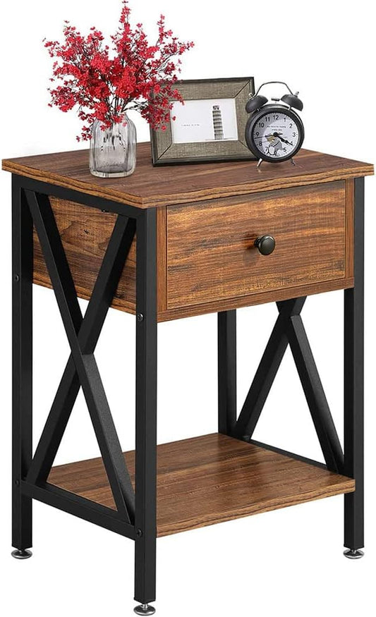 COOLBABY Modern Versatile Nightstands X-Design Side End Table Night Stand Storage Shelf with Bin Drawer for Living Room Bedroom,Brown