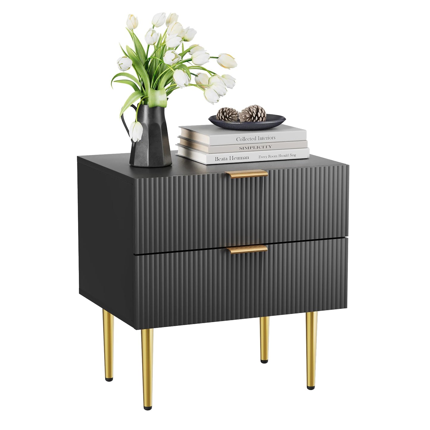 Semiocthome Black Night Stand, Mid Century Modern NightStand with 2 Wave Fluted Panel Drawers, Bedside Table with Gold Metal Legs, Bedroom Set Wide Tabletop Bed Side Table, End Tables for Living Room