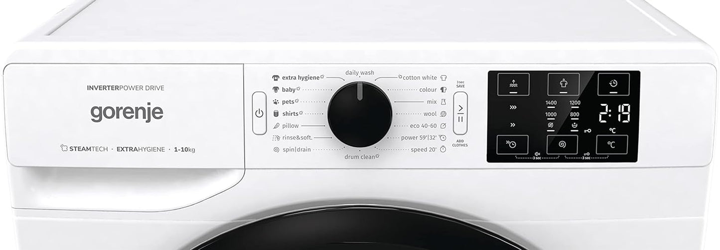 Gorenje WNEI14BS 10 Kg Fully Automatic Front Load Washing Machine, 16 Programs, Energy and Water Efficient, Stain Removal System, 1400 RPM, White, 1 Year Warranty