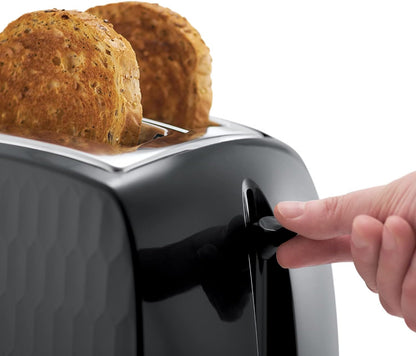 Russell Hobbs Honeycomb 2 Slice Toaster (Extra wide slots, High lift feature, 6 Browning levels, Frozen/Cancel/Reheat function, Removable crumb tray, 850W, Black, Textured high gloss) 26061