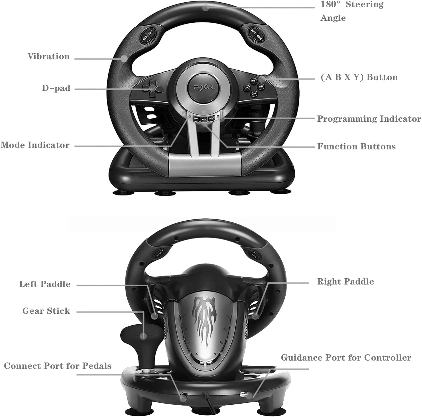 PXN V3II Simulate Racing Game Steering Wheel with Pedal, 180 Degree Steering Wheel, Compatible with Windows PC, PS3, PS4, for Switch - Black