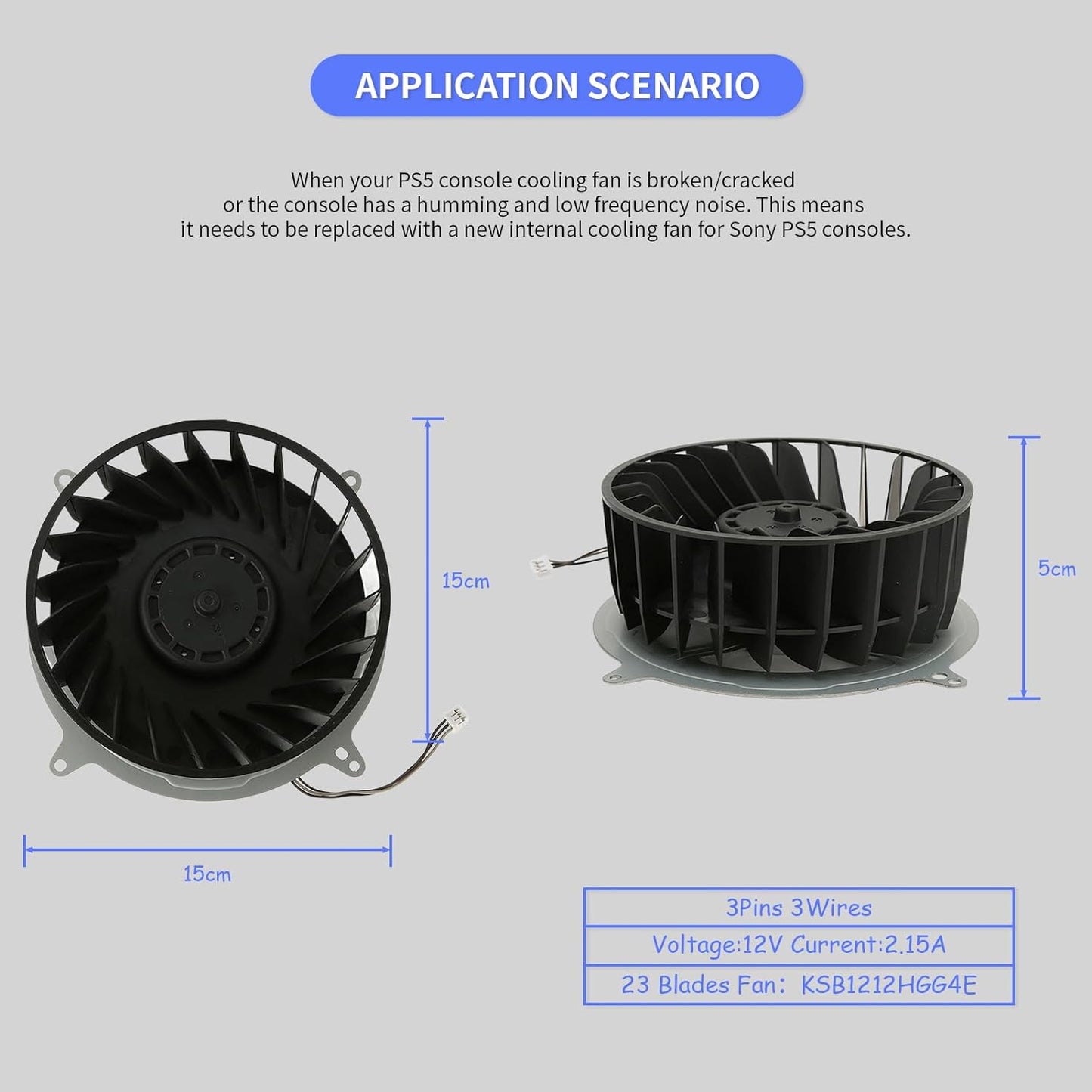 Gugxiom PS5 Internal Cooling Fan, ABS and Metal Materials, PS5 CPU Cooling Fan, 23 Blades, KSB1212HGG4E DC 12V, 2.15A, Cooling Fan