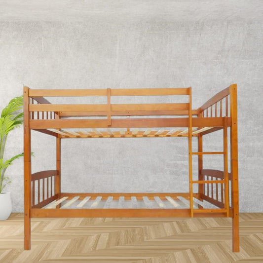 Karnak Heavy Duty Wooden Bunk Bed With Ladder for Kids, Teens, Guest Room Furniture, Solid Wooden Bedframe, Full-Length Guardrail Color Brown