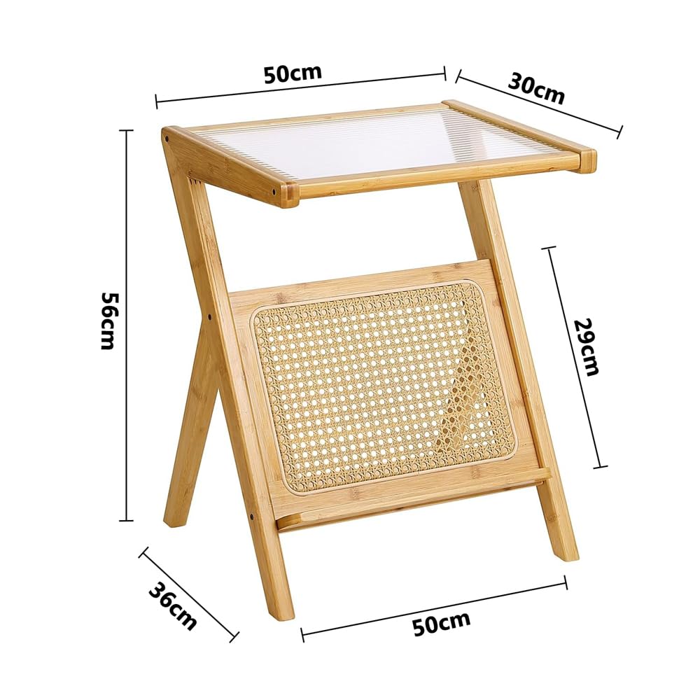 Makeup Toy Bamboo and Rattan Harmony: Modern Z-Shaped Nightstand with Glass Top - Stylish and Practical Accent Furniture for Bedroom and Living Room. Perfect for Small Spaces, Apartments.