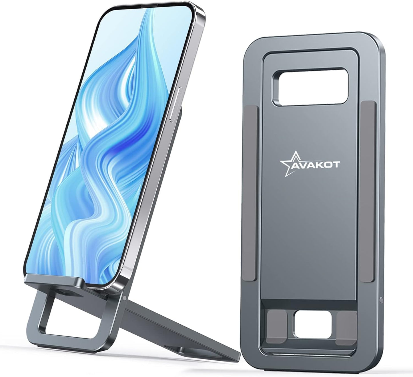 avakot Cell Phone Stand, Folding Aluminum Mobile Phone Holder Bracket for Desk Portable Travel Holder Office Desk Accessories Compatible with iPhone 14 13 12 Pro Max Samsung S22 S21 | Gray