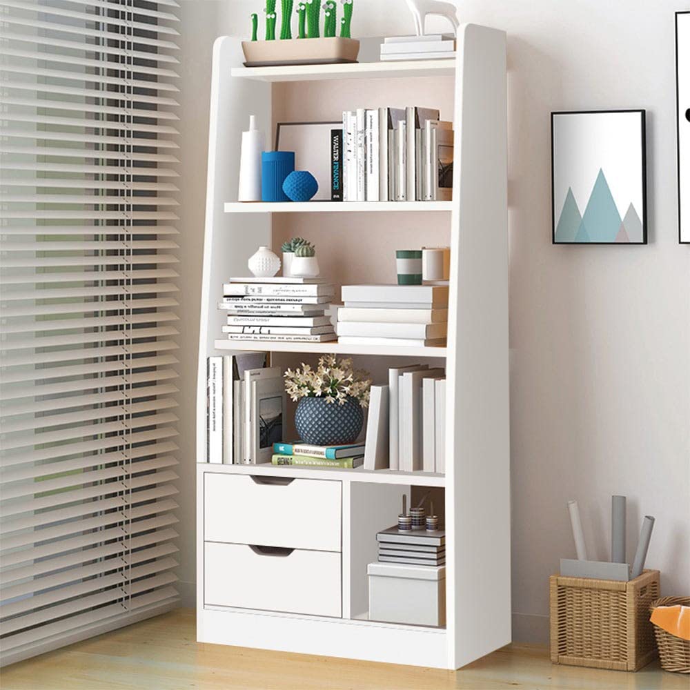 Danube Home Salvatore Bookcase I 2-Tier Book Shelf Cabinet with Drawers I Modern Design Adjustable Wooden Book Organiser Cupboard I Space Saving Display Storage Rack for Home, Office - White