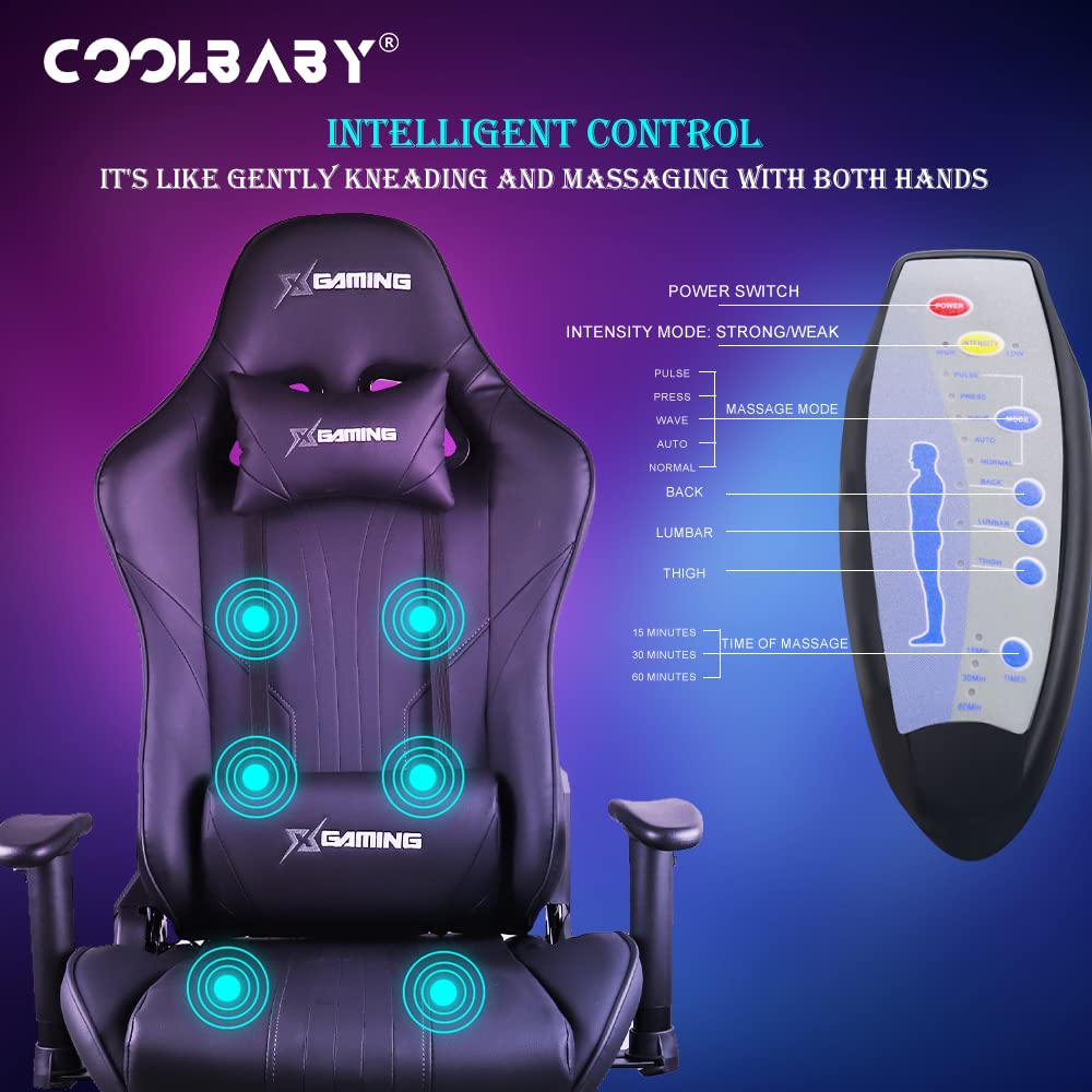 COOLBABY Gaming Chair LED Light Racing Chair,Ergonomic Office Massage Chair,Lumbar Support and Adjustable Back Bench,Bluetooth Speaker…